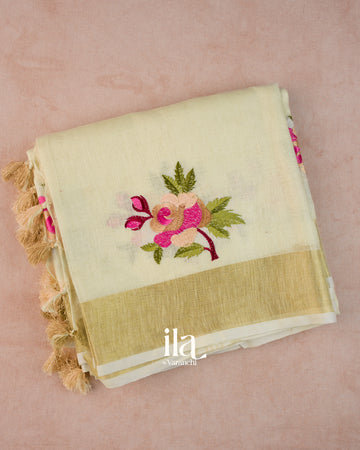 Ivory Floral Embroidered Semi Linen Saree