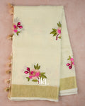 Ivory Floral Embroidered Semi Linen Saree
