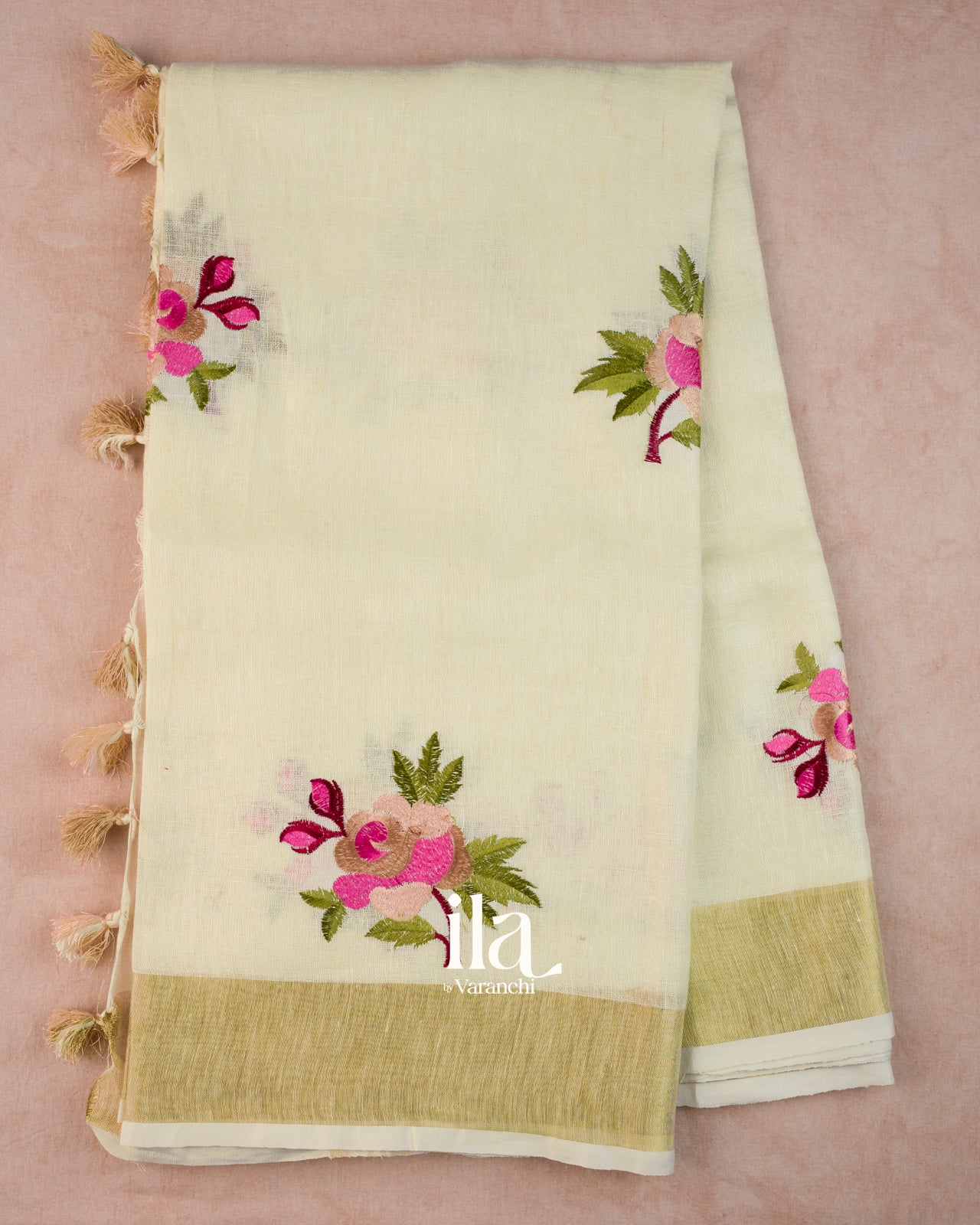 Ivory Floral Embroidered Semi Linen Saree