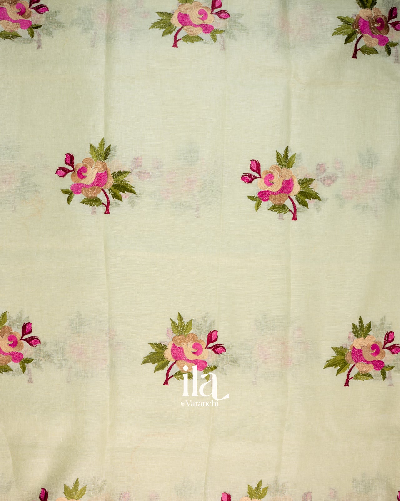 Ivory Floral Embroidered Semi Linen Saree
