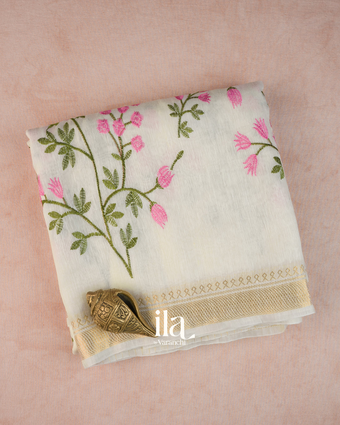 Ivory Floral Embroidered Semi Linen Saree