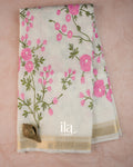 Ivory Floral Embroidered Semi Linen Saree