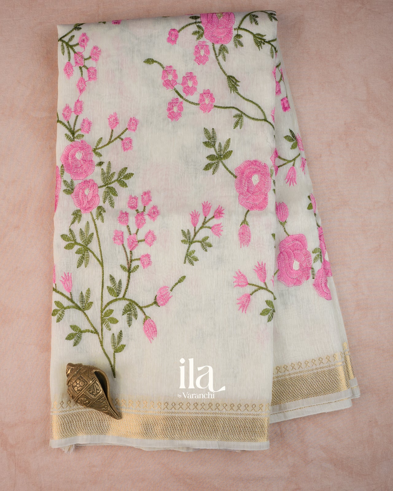 Ivory Floral Embroidered Semi Linen Saree