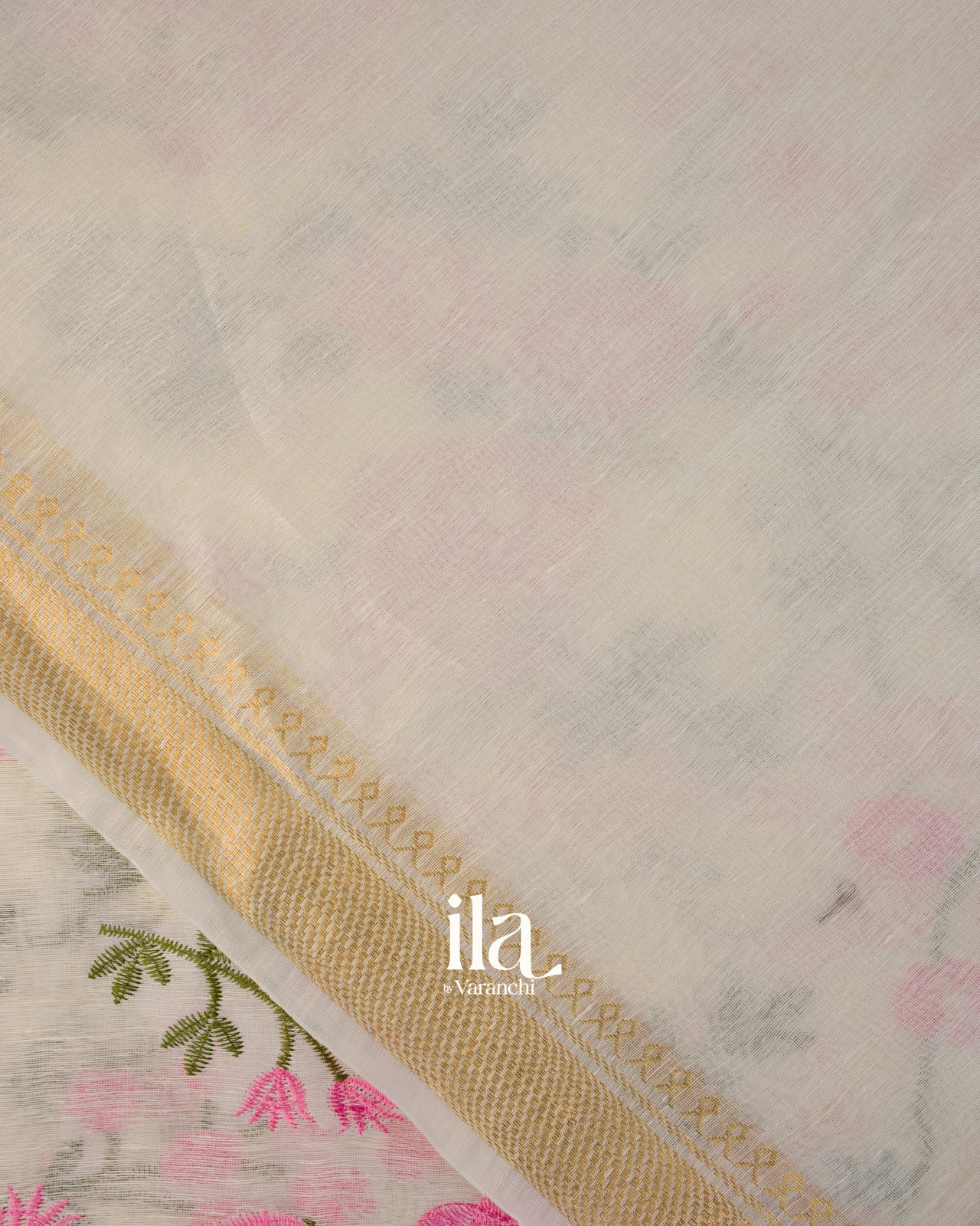 Ivory Floral Embroidered Semi Linen Saree