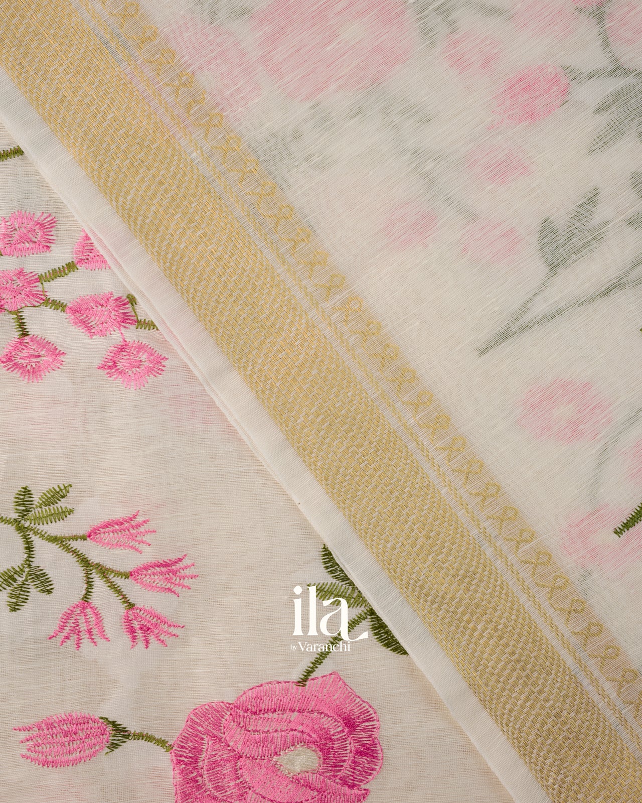 Ivory Floral Embroidered Semi Linen Saree