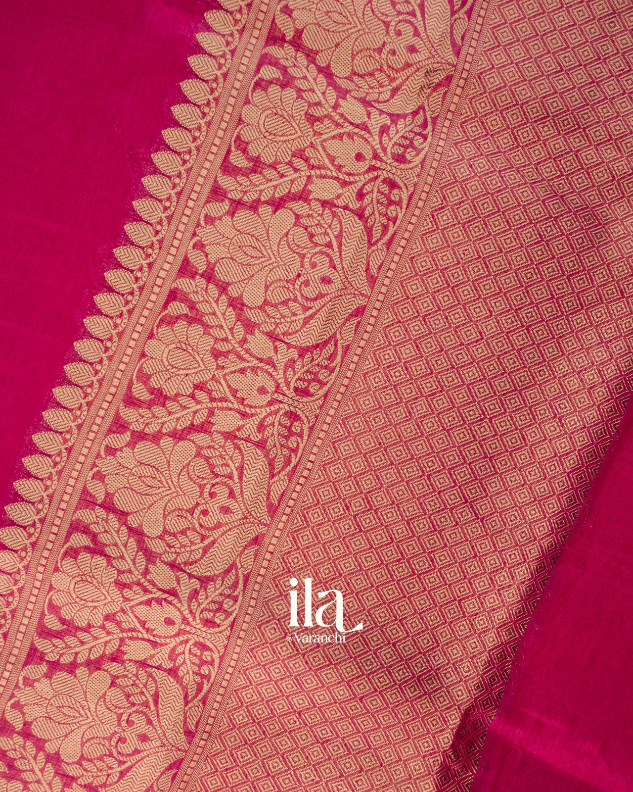Rani Pink Floral Banarasi Bordered Pure Linen Saree