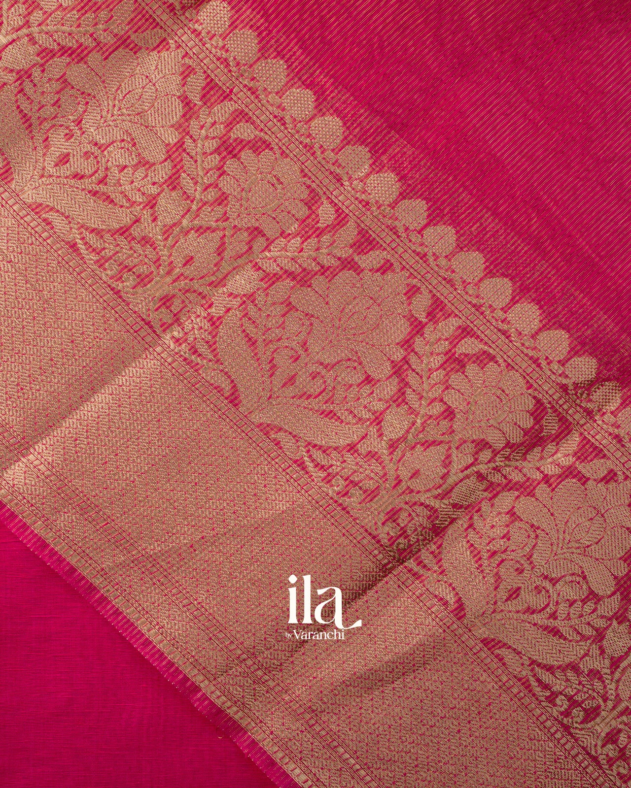 Rani Pink Floral Banarasi Bordered Pure Linen Saree