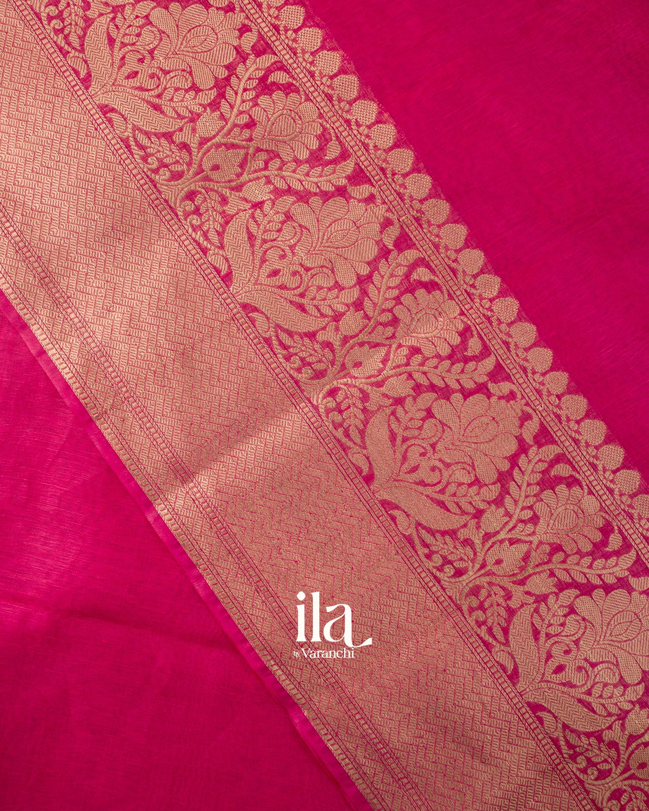 Rani Pink Floral Banarasi Bordered Pure Linen Saree