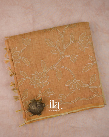 Sandal Wood Ombre Dyed and Applique Semi Linen Saree