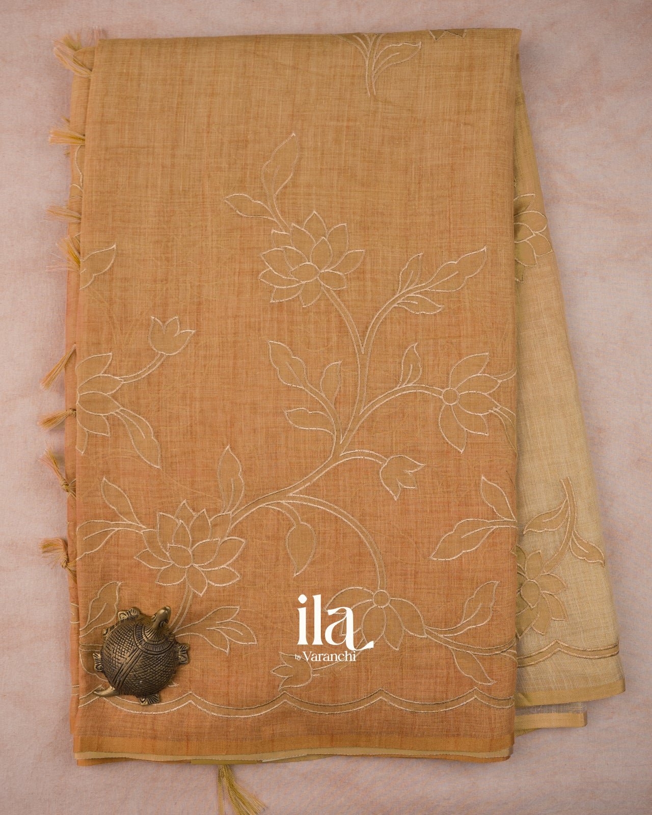 Sandal Wood Ombre Dyed and Applique Semi Linen Saree