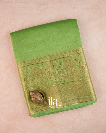 Parrot Green Pure Banarasi Linen Saree