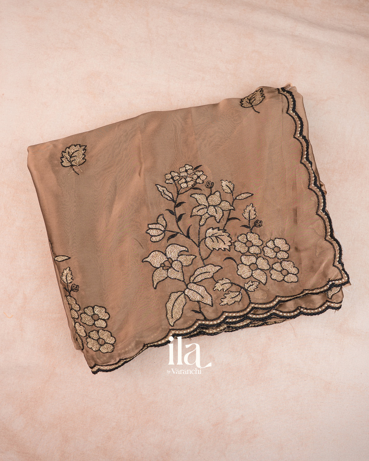 Choclate Brown Scallop Bordered Semi Silk Saree — Folded