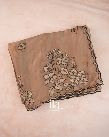 Choclate Brown Scallop Bordered Semi Silk Saree — Folded