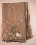 Choclate Brown Scallop Bordered Semi Silk Saree — Full Saree