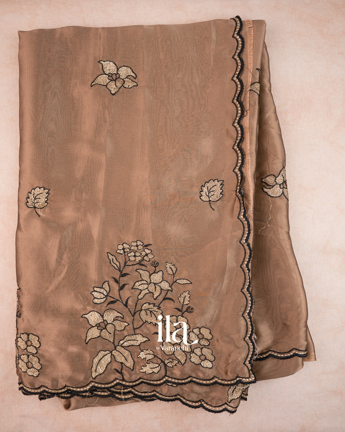 Choclate Brown Scallop Bordered Semi Silk Saree — Full Saree