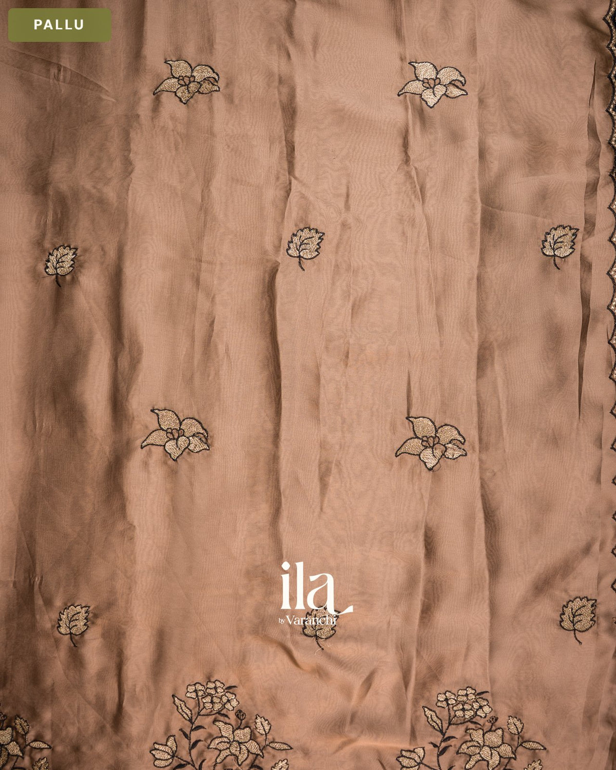 Choclate Brown Scallop Bordered Semi Silk Saree — Pallu
