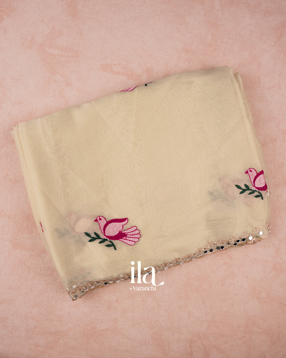 Cream Mirror Embroidered Semi Silk Saree
