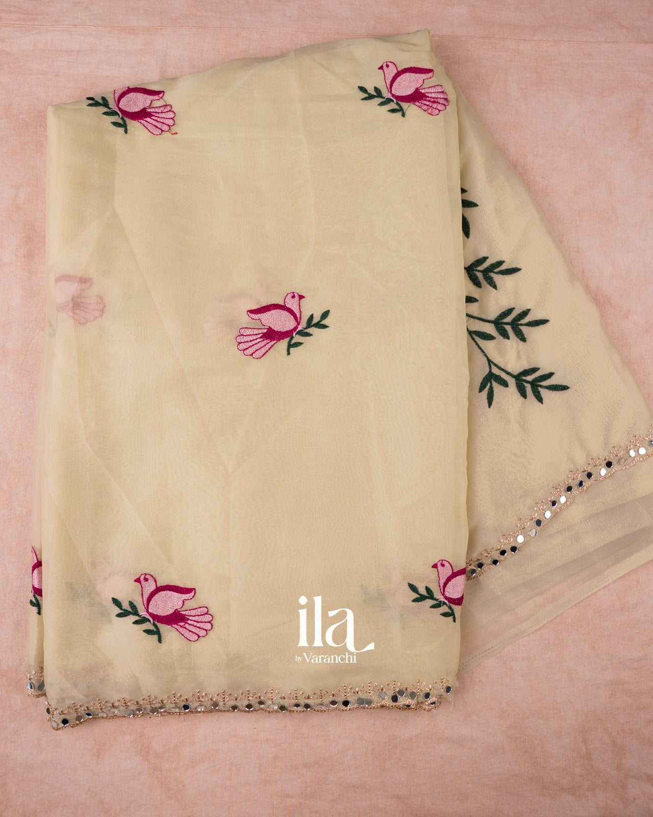 Cream Mirror Embroidered Semi Silk Saree