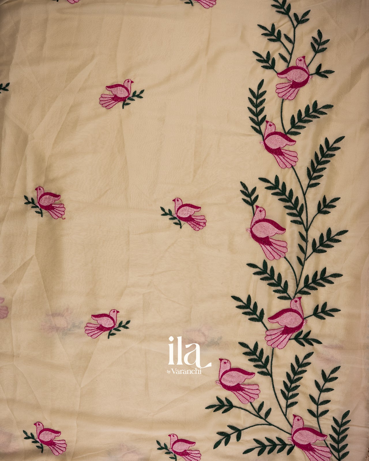 Cream Mirror Embroidered Semi Silk Saree