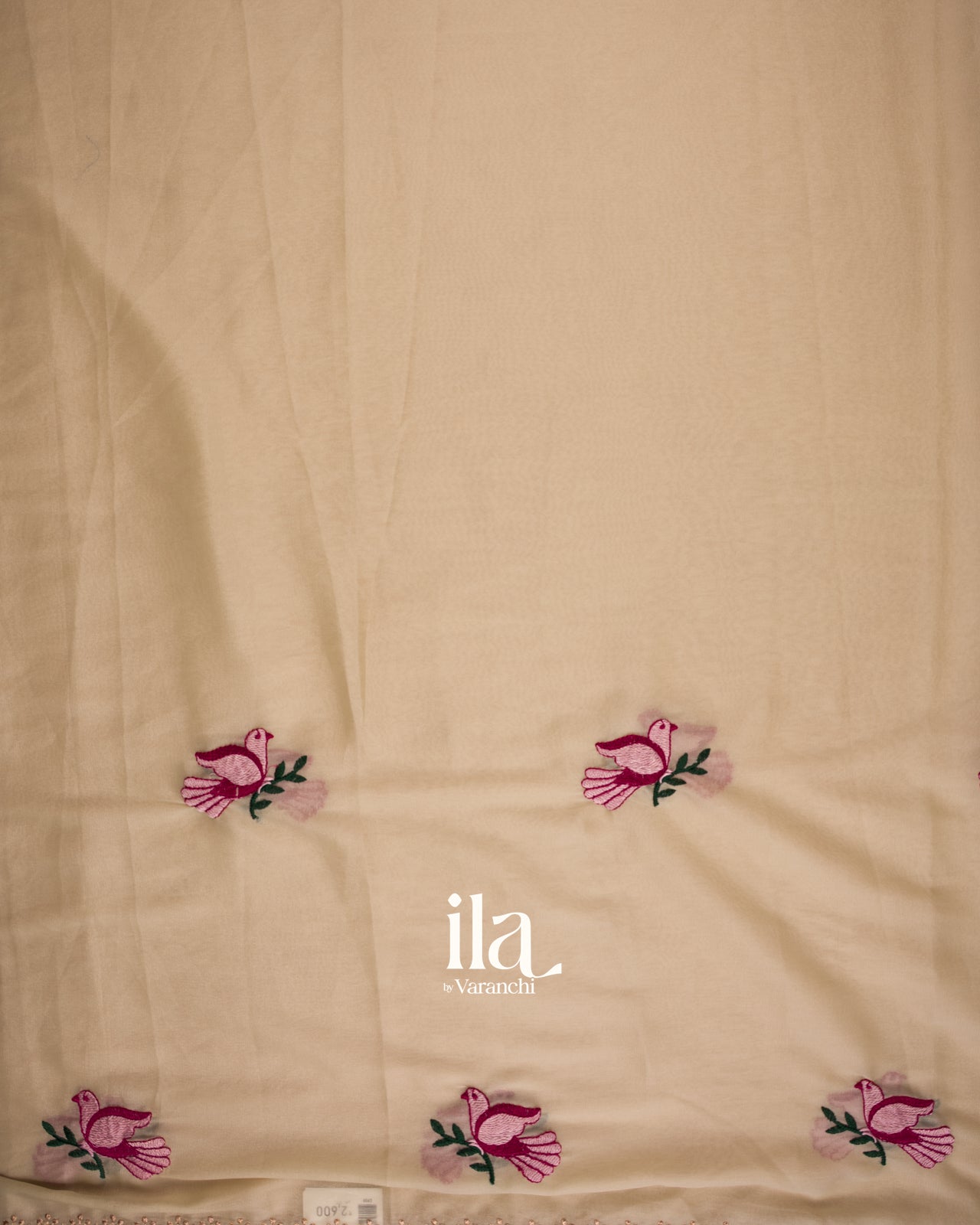 Cream Mirror Embroidered Semi Silk Saree