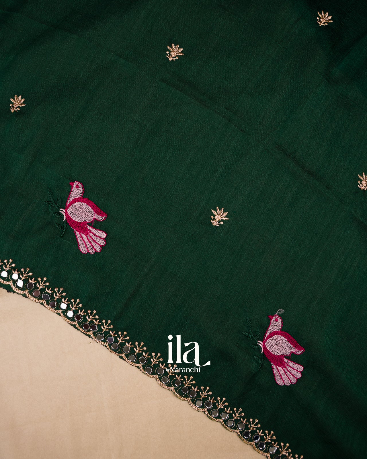 Cream Mirror Embroidered Semi Silk Saree