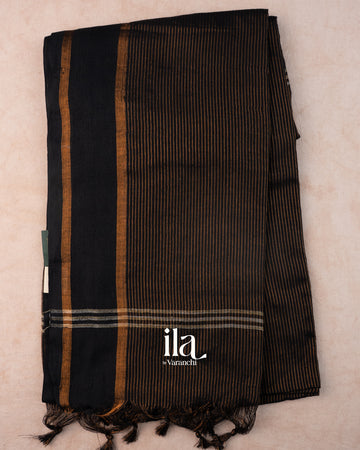 Black Striped Semi Linen Saree