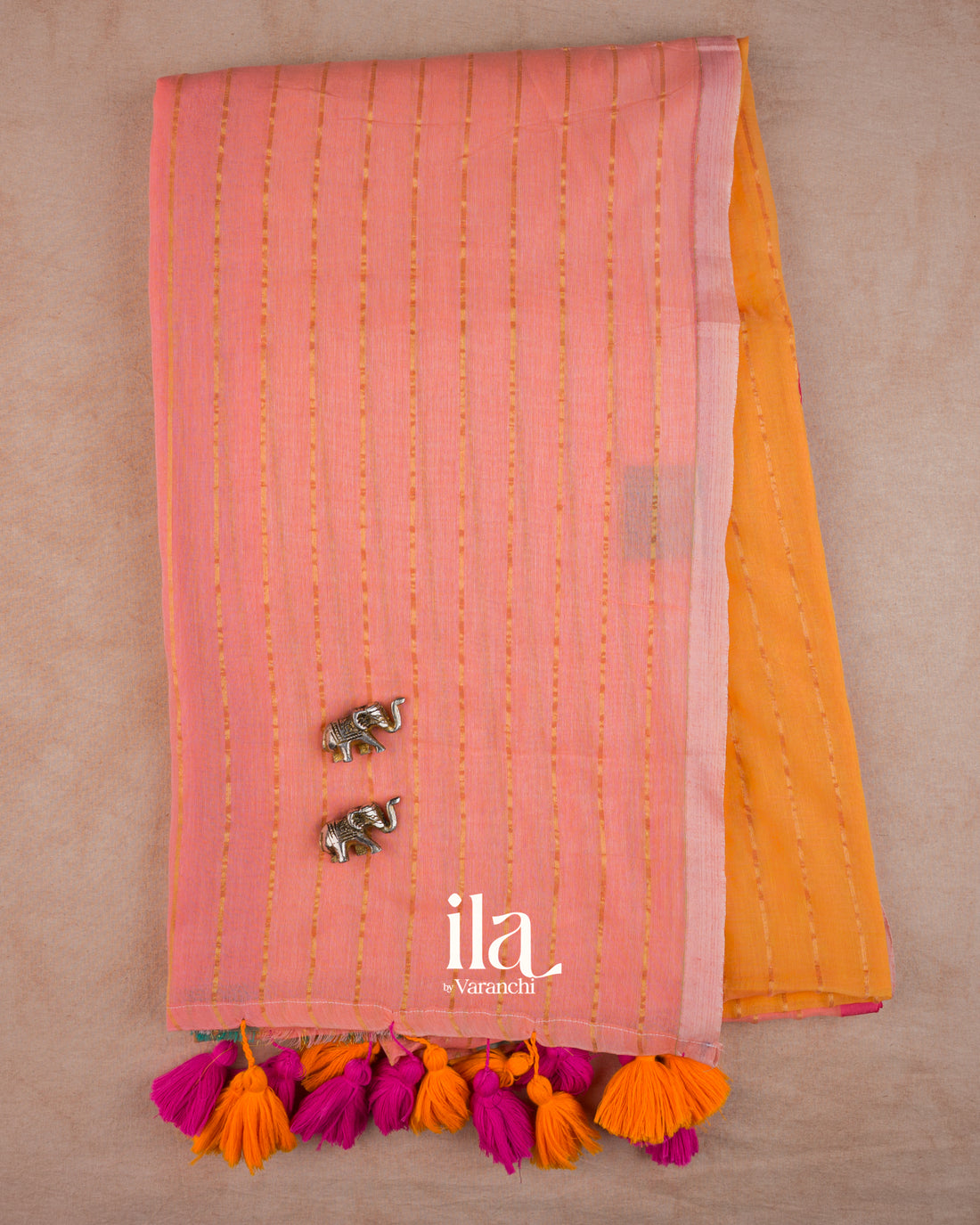 Peach Pink Striped Mul Cotton Saree — Full Saree