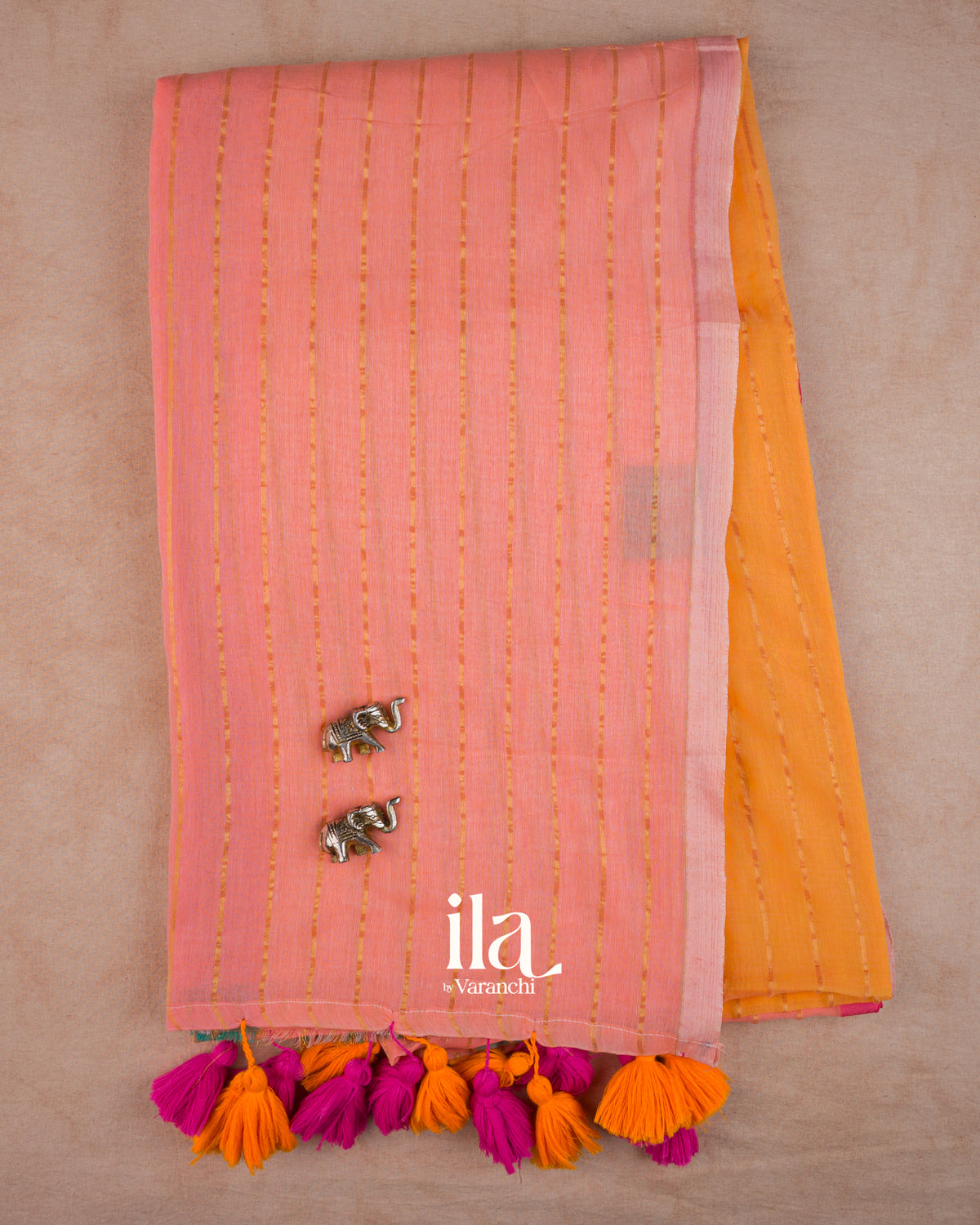 Peach Pink Striped Mul Cotton Saree — Full Saree