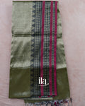 Sage Green Temple Bordered Cotton Tissue Saree — Full Saree