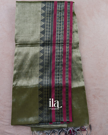 Sage Green Temple Bordered Cotton Tissue Saree — Full Saree
