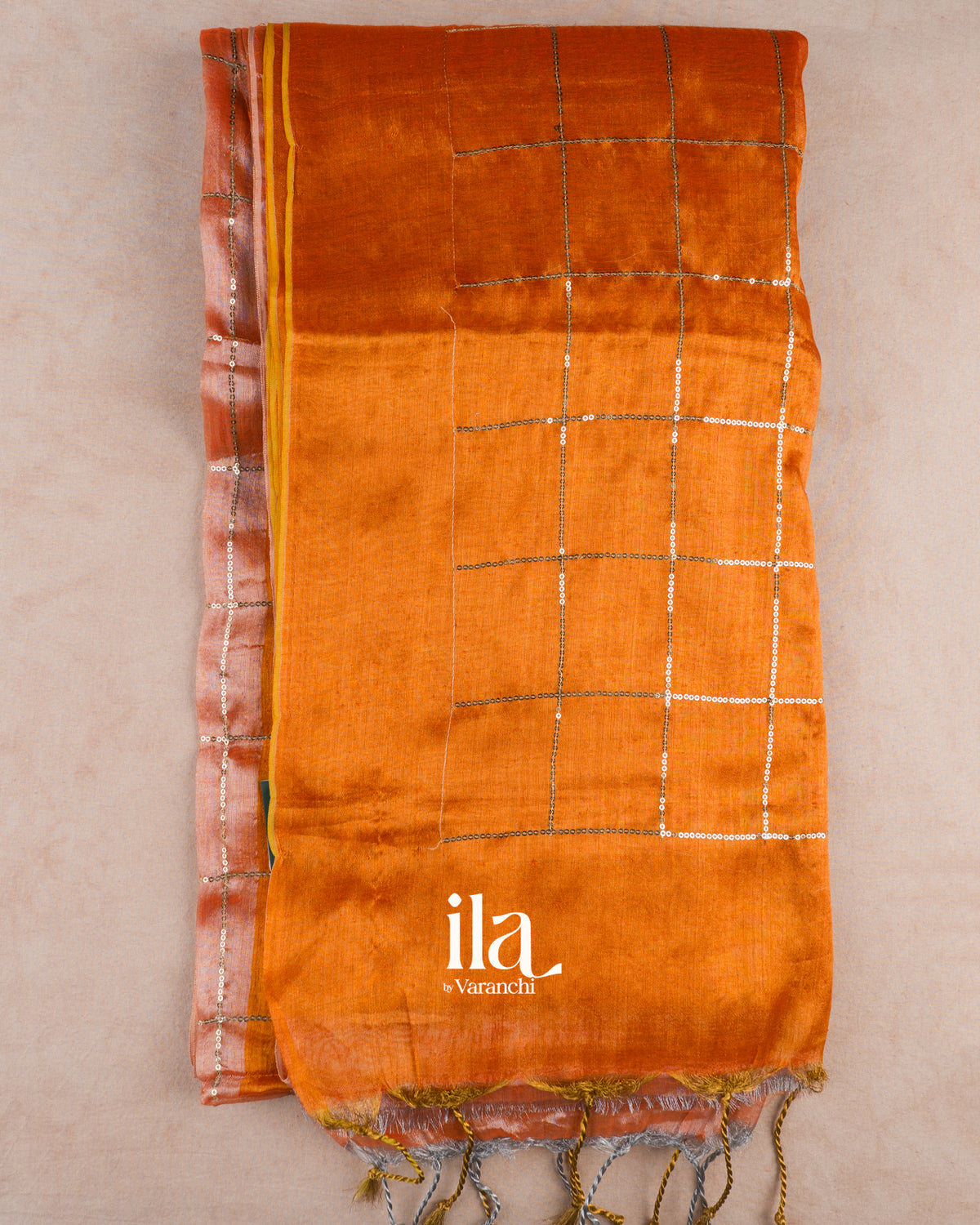 Rust Orange Checkered Cotton Tissue Saree — Full Saree