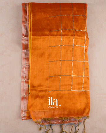 Rust Orange Checkered Cotton Tissue Saree — Full Saree