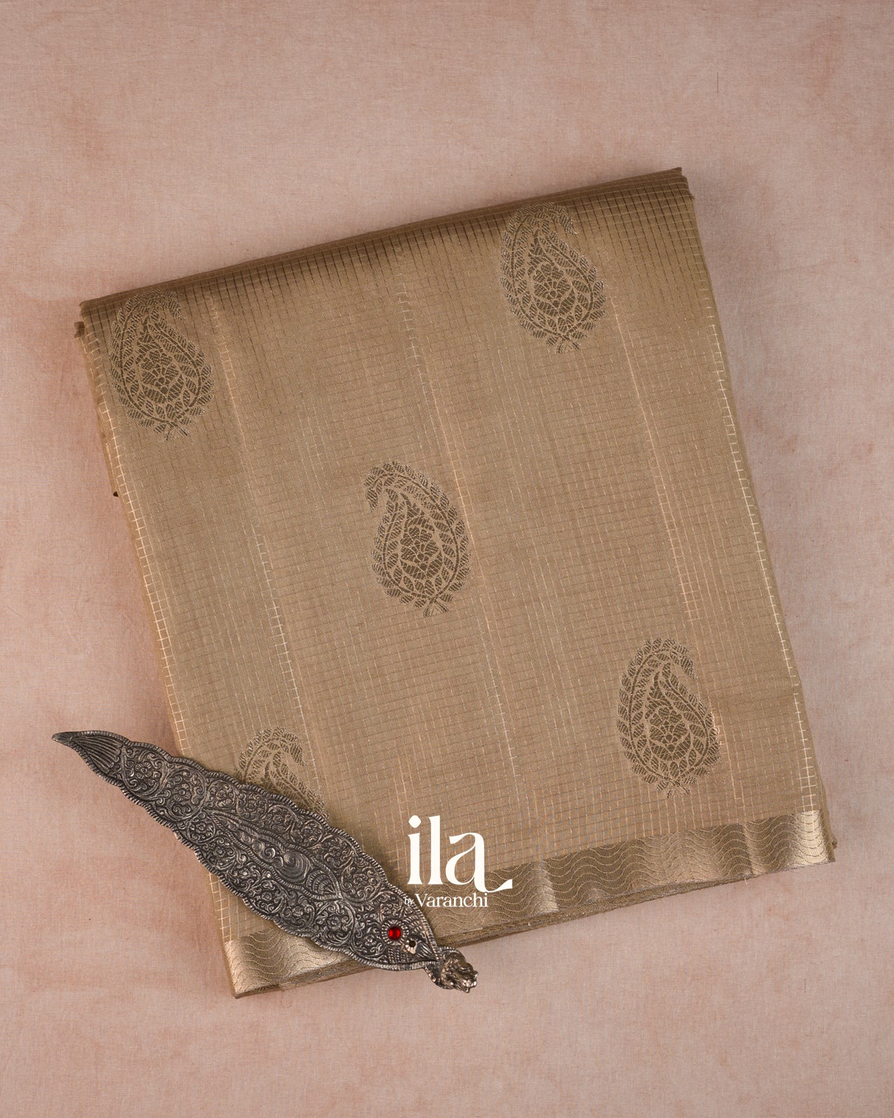 Warm Beige Checkered Pure Chanderi Silk Cotton Saree