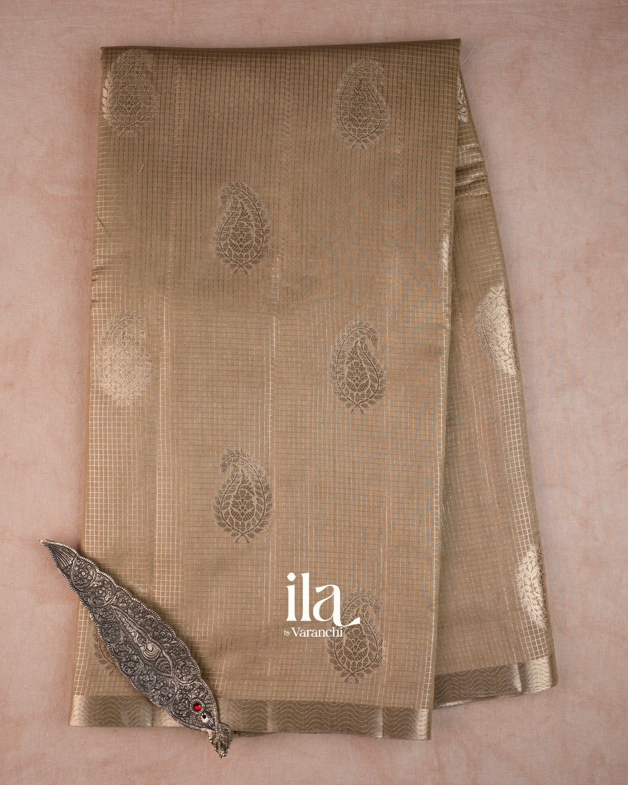 Warm Beige Checkered Pure Chanderi Silk Cotton Saree