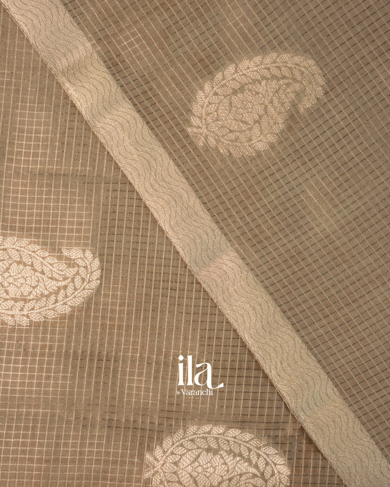Warm Beige Checkered Pure Chanderi Silk Cotton Saree