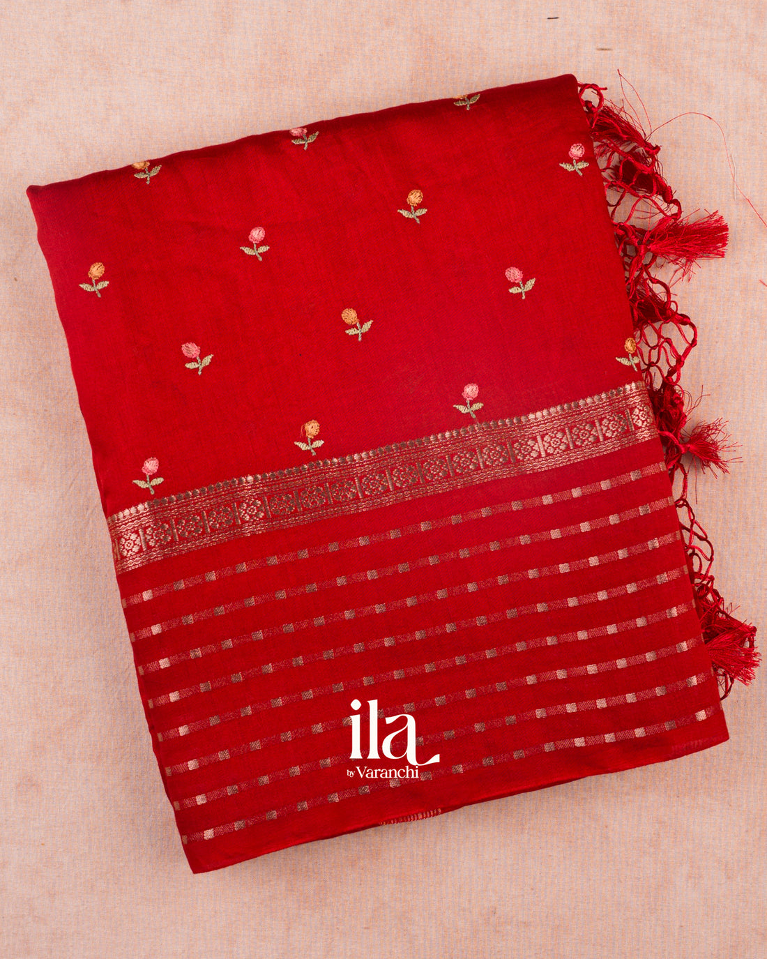 Crimson Red Floral Embroidered Pure Assam Silk Saree