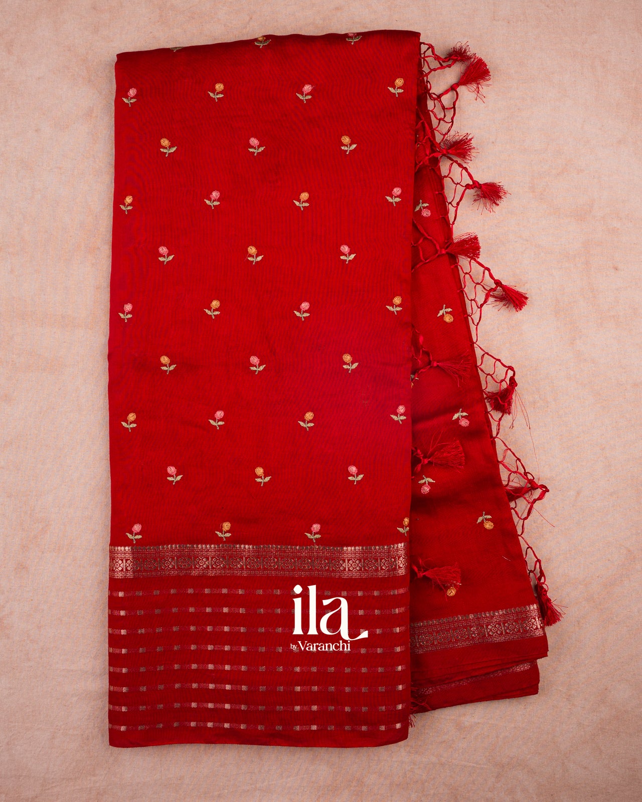 Crimson Red Floral Embroidered Pure Assam Silk Saree
