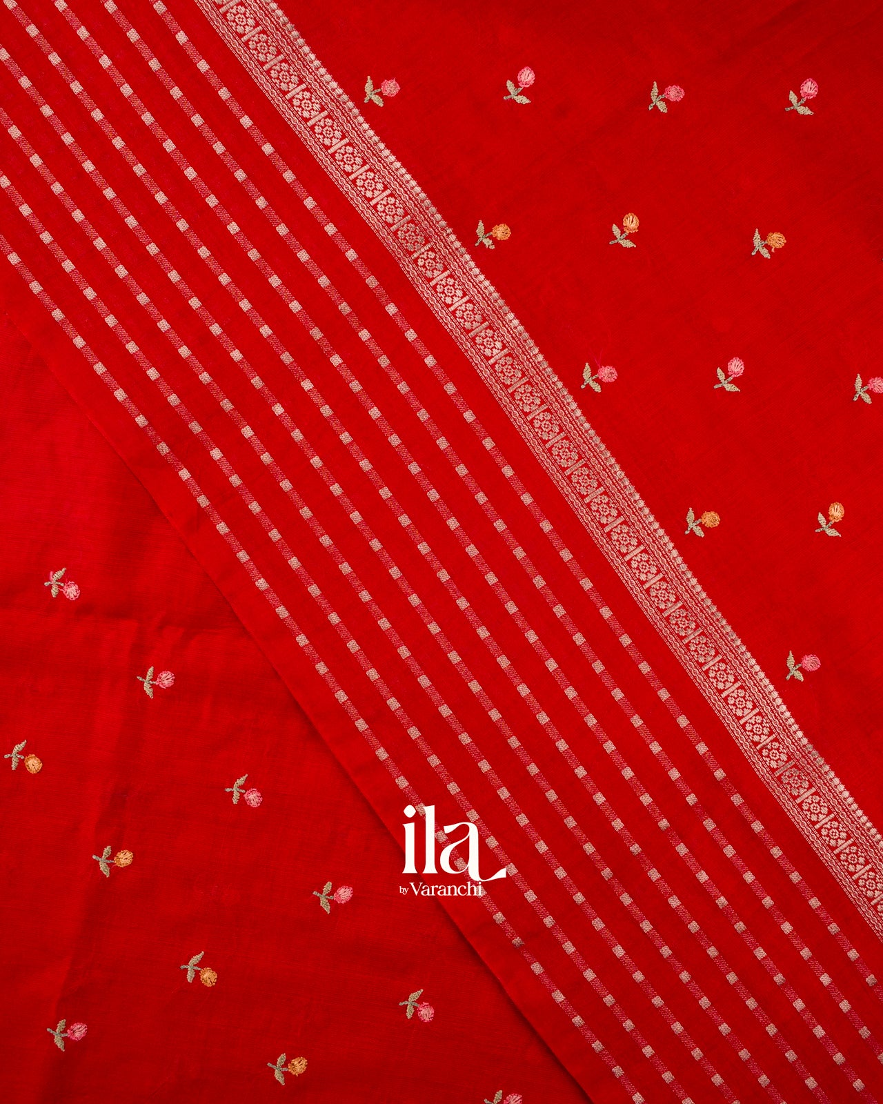 Crimson Red Floral Embroidered Pure Assam Silk Saree