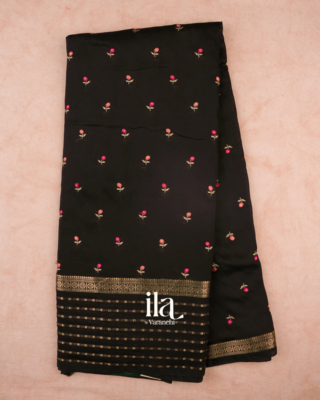 Black Floral Embroidered Assam Silk Saree