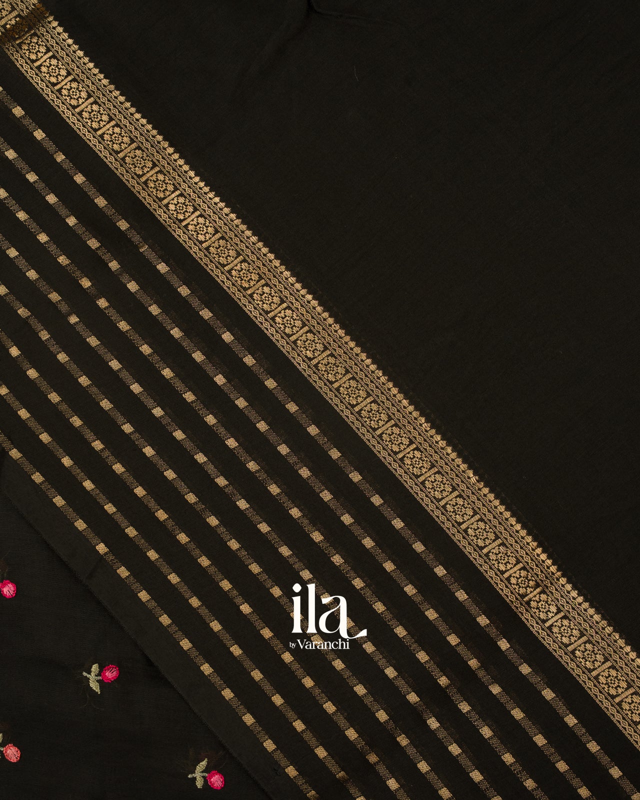 Black Floral Embroidered Assam Silk Saree