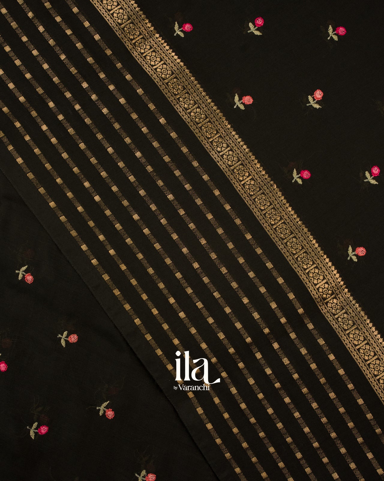 Black Floral Embroidered Assam Silk Saree