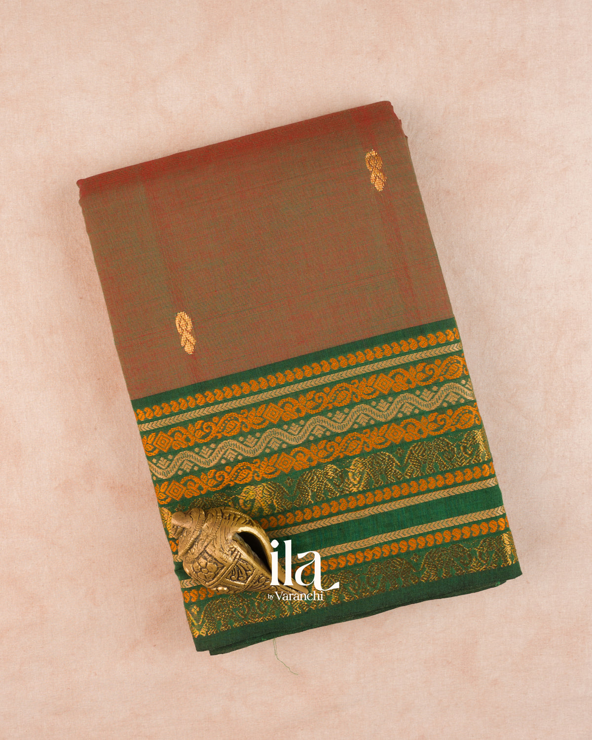 Olive Brown Chettinad Cotton Saree — Folded