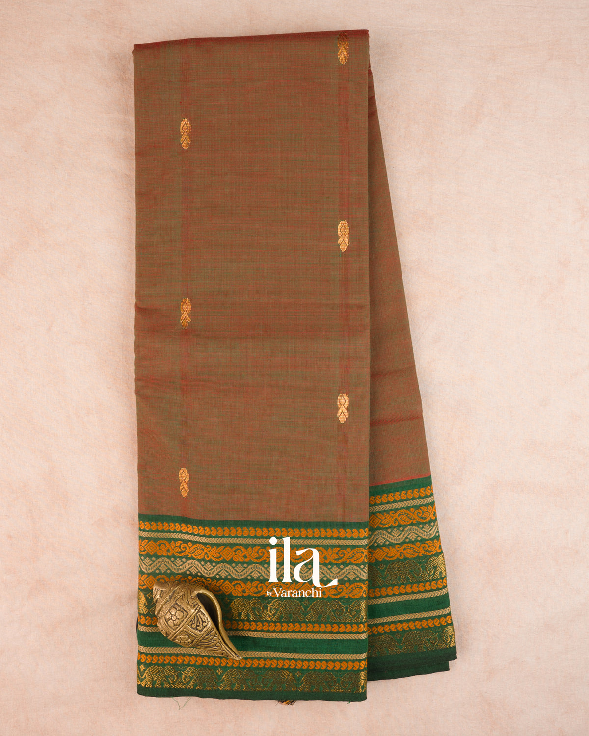 Olive Brown Chettinad Cotton Saree — Full Saree