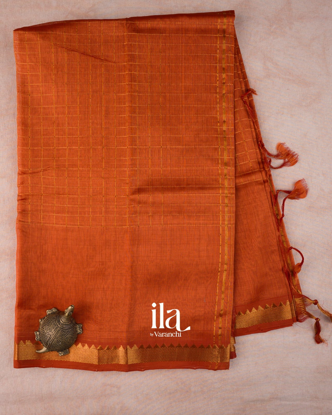 Rust Orange Checks Semi Mangalgiri Saree