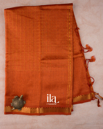 Rust Orange Checks Semi Mangalgiri Saree