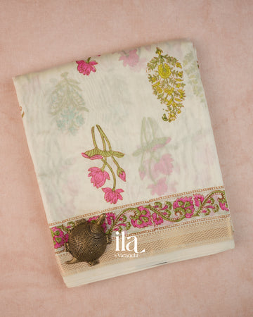 Ivory Floral Printed Maheshwari Silk Cotton Saree