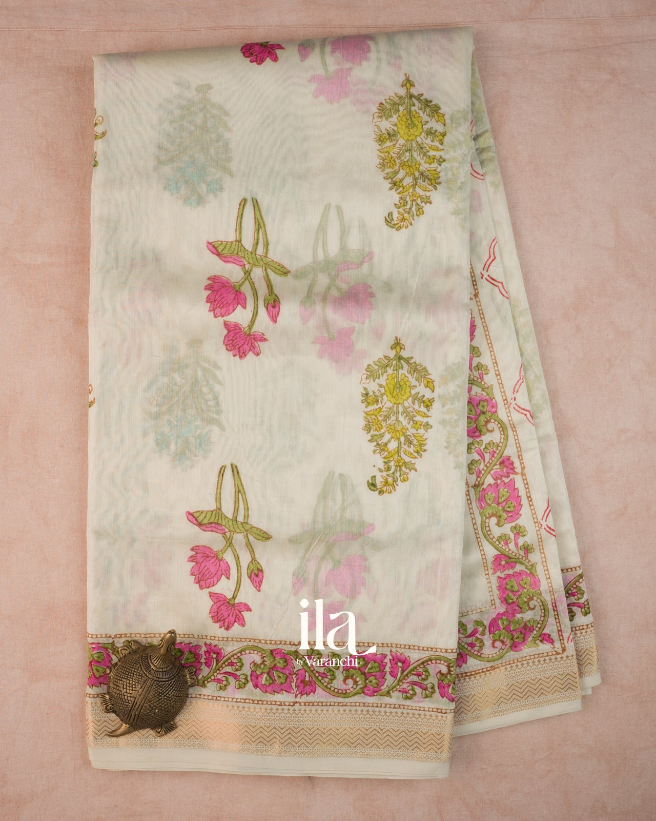 Ivory Floral Printed Maheshwari Silk Cotton Saree