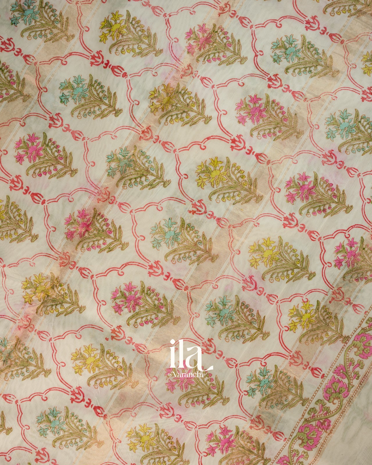 Ivory Floral Printed Maheshwari Silk Cotton Saree