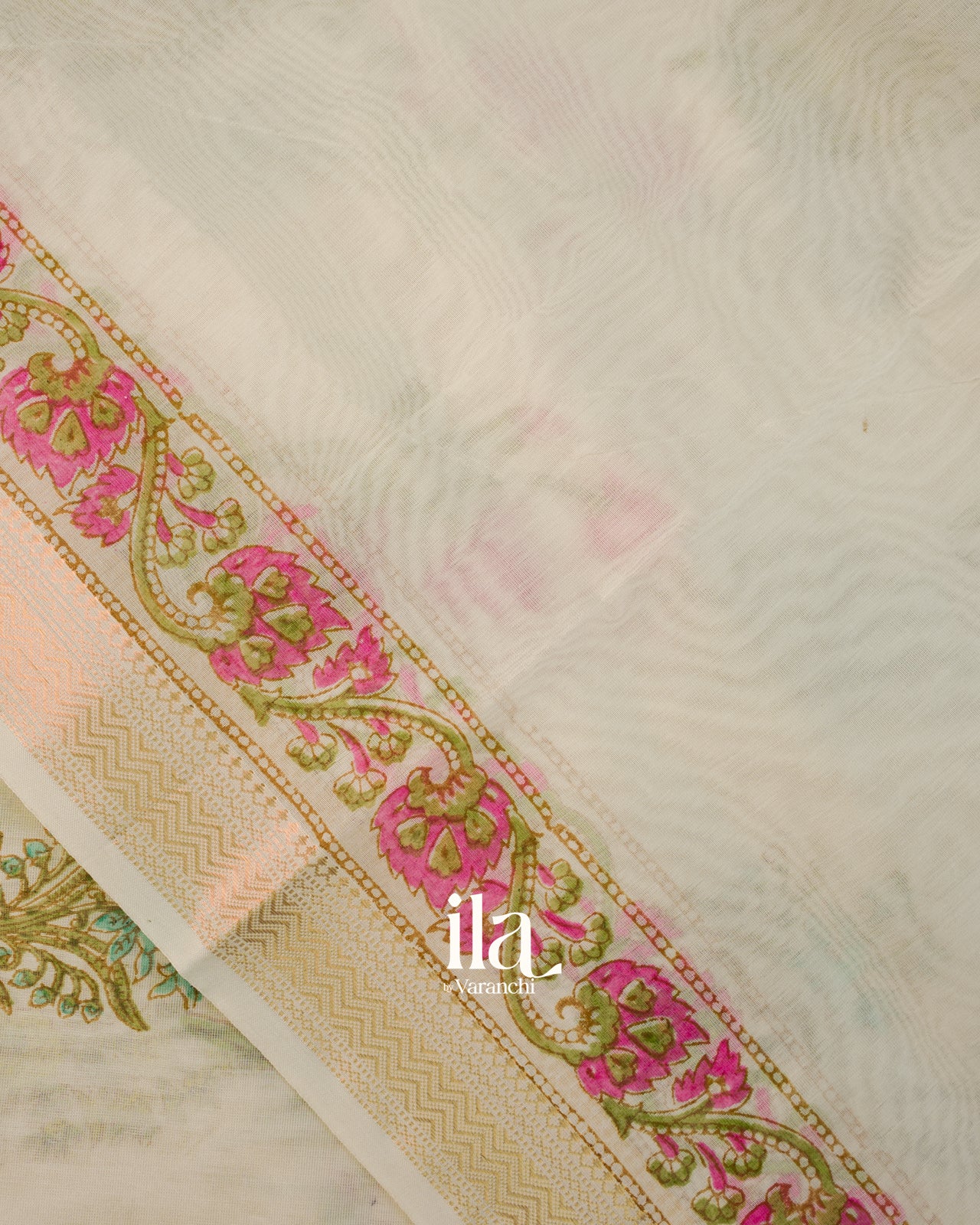 Ivory Floral Printed Maheshwari Silk Cotton Saree