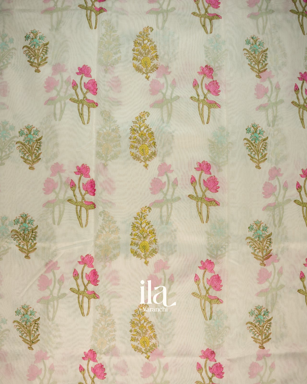 Ivory Floral Printed Maheshwari Silk Cotton Saree
